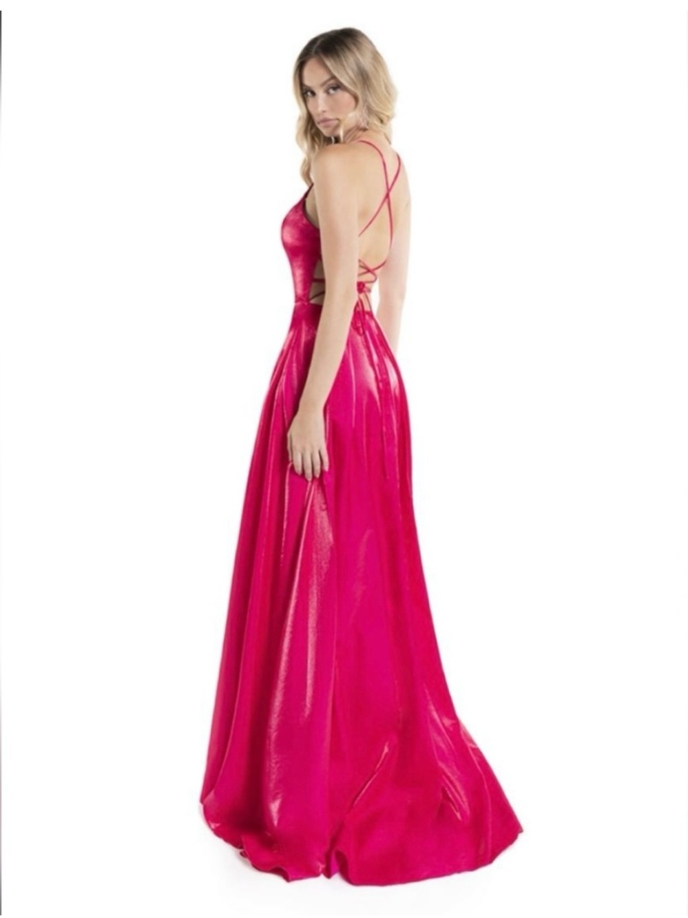 Pink Satin Prom Dress with Plunging V-Neck